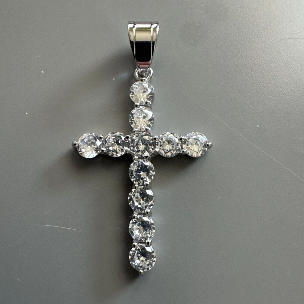 Cross Pendant Round Cubic Zirconia 24” Chain Silver Plated Religious Faith Gift